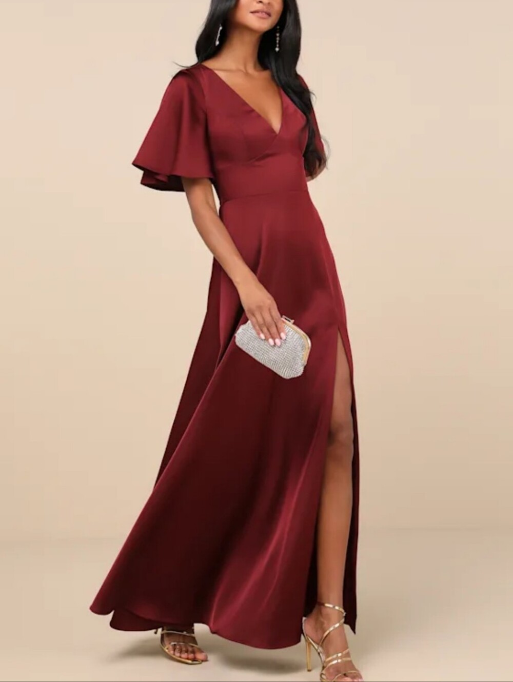 Satin Burgundy Maxi Dress with Flutter Sleeves And Key Hole Back